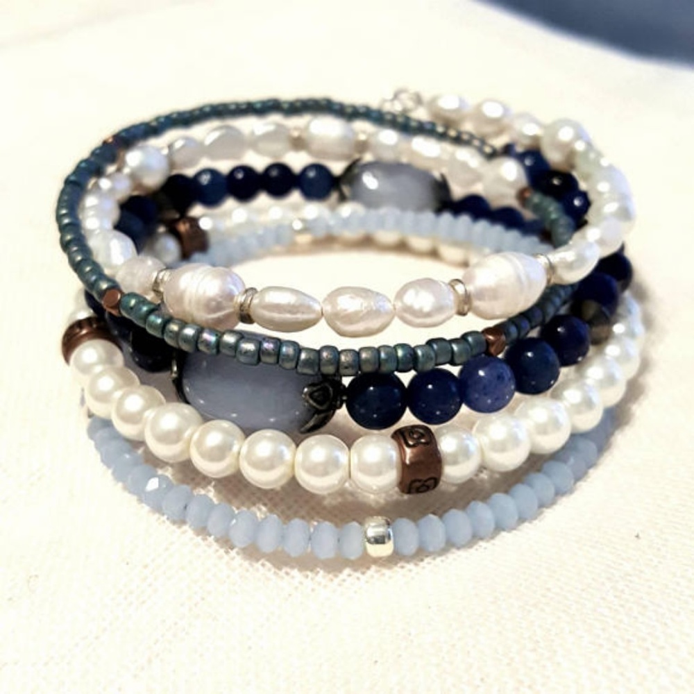 Shabby Chic 5 Layer Pearly Blue Lapis Bracelet - Picture 8 of 8